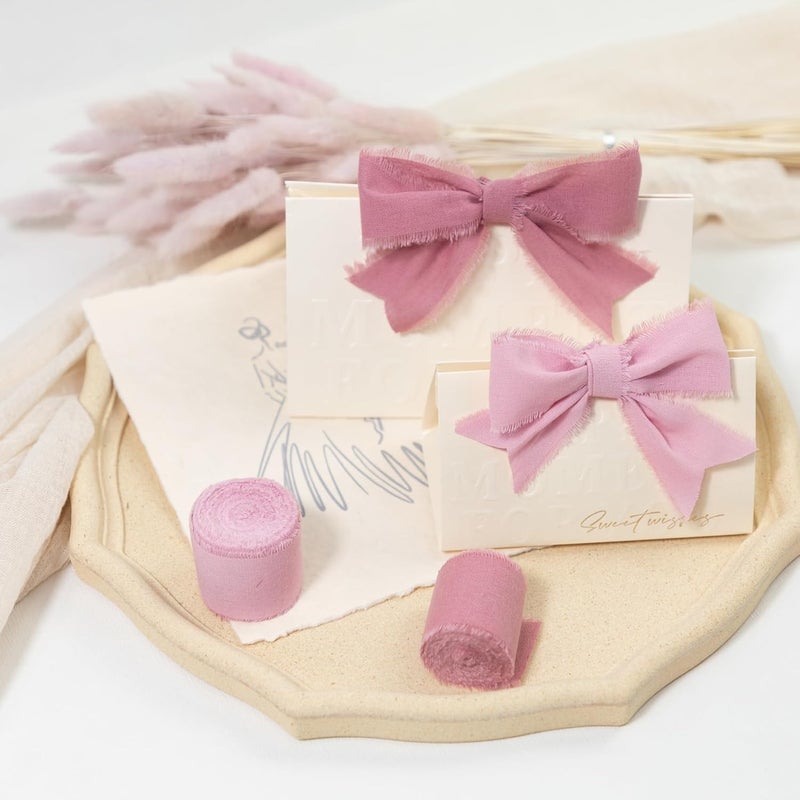 Keypan Dusty Rose Pink Ribbon 1-1/2 x 15 Yards Handmade Cotton Frayed Fringe Fabric Ribbons for Crafts Flower Bouquets Wedding Baby Shower Home DIY Decor - Image 5